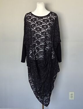 Heydari Whimsy Black Lace Draped Asymmetrical Boho Lagenlook Art to Wear Tunic